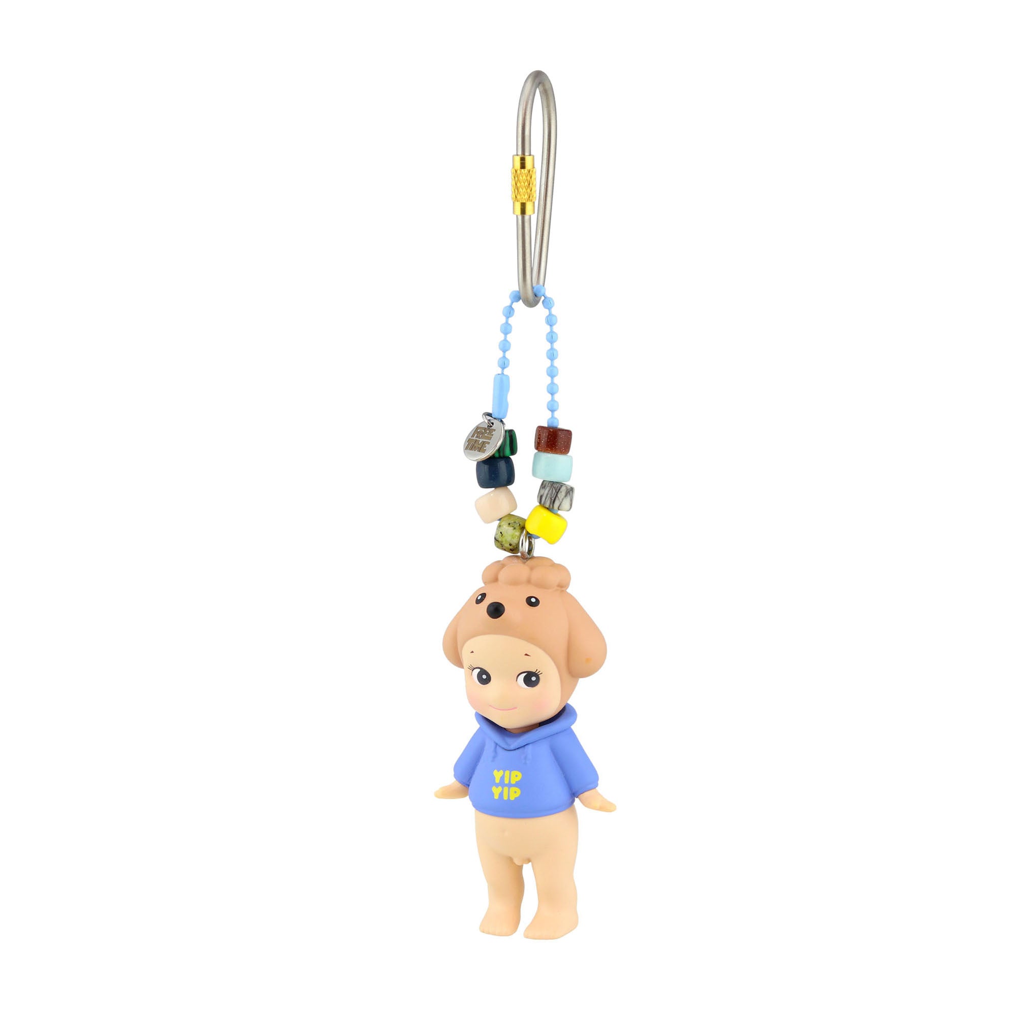 Keychain with a small figure wearing a blue shirt and colorful beads on a white background